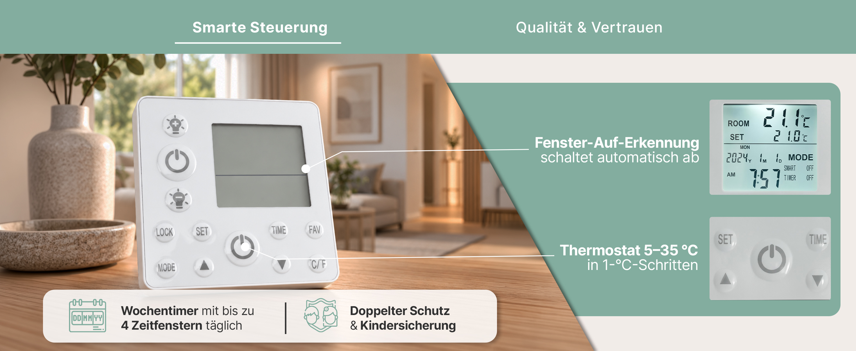 Thermostat f&uuml;r Infrarot-Deckenheizung mit Fenster-Auf-Erkennung, Temperaturregelung von 5&ndash;35 &deg;C, Wochentimer und Kindersicherung.
