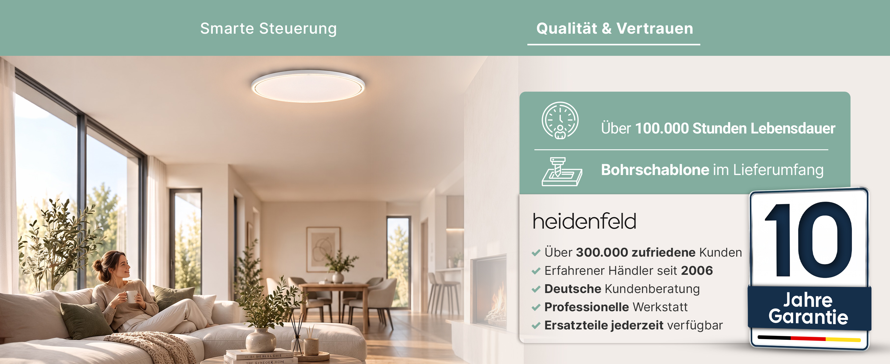 Heidenfeld Infrarot-Deckenheizung mit &uuml;ber 100.000 Stunden Lebensdauer, Bohrschablone im Lieferumfang, deutscher Kundenberatung und 10 Jahren Garantie.