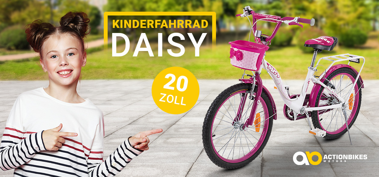 Grinsendes Mädchen deutet auf das 20-Zoll-Kinderfahrrad Daisy