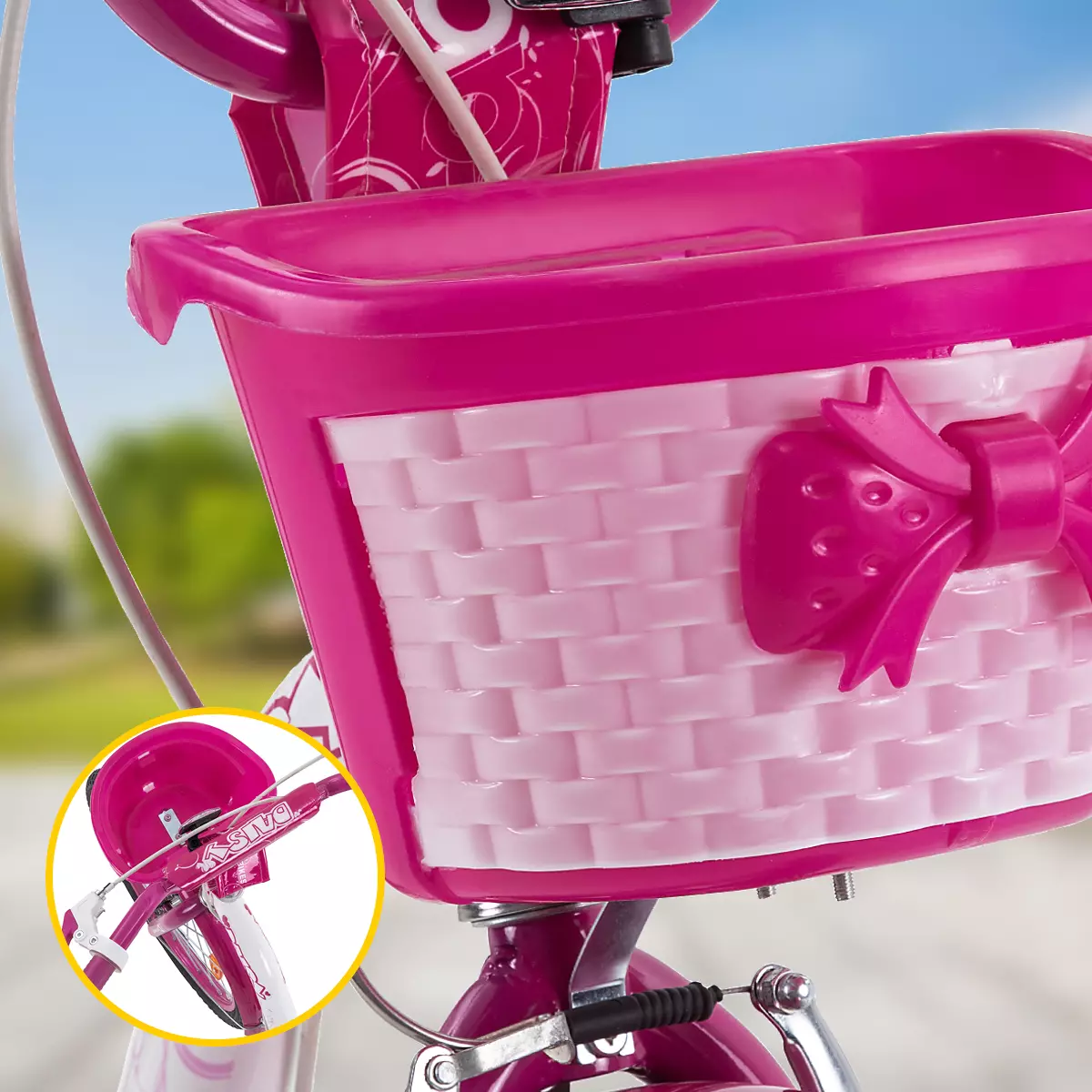 Pinker Fahrradkorb mit Schleife vorne am Kinderfahrrad