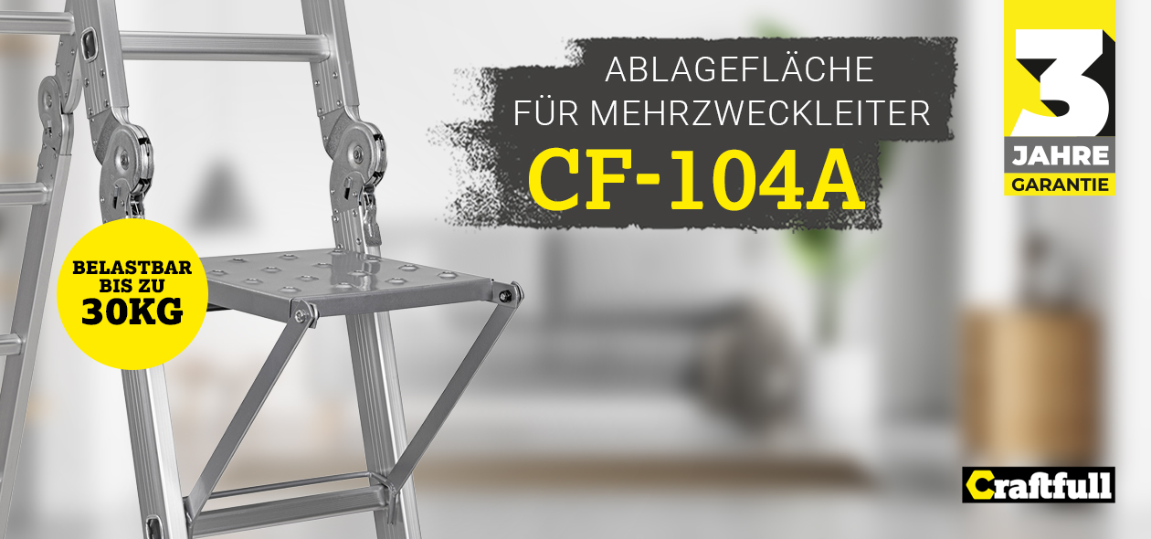 Ablagefläche für Craftfull Mehrzweckleiter CF-104A Ablagefläche für Craftfull Mehrzweckleiter CF-104A vor verschwommenem Hintergrund