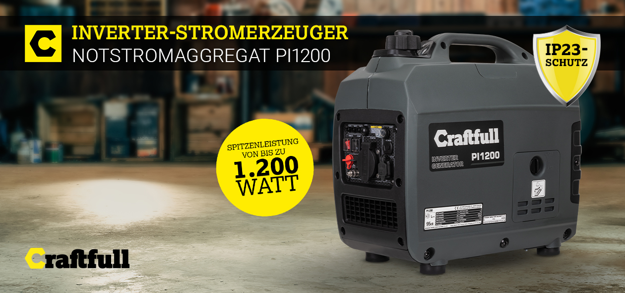 Craftfull Inverter-Stromerzeuger PI1200 mit einer Leistung von 1.200 Watt und IP23-Schutz