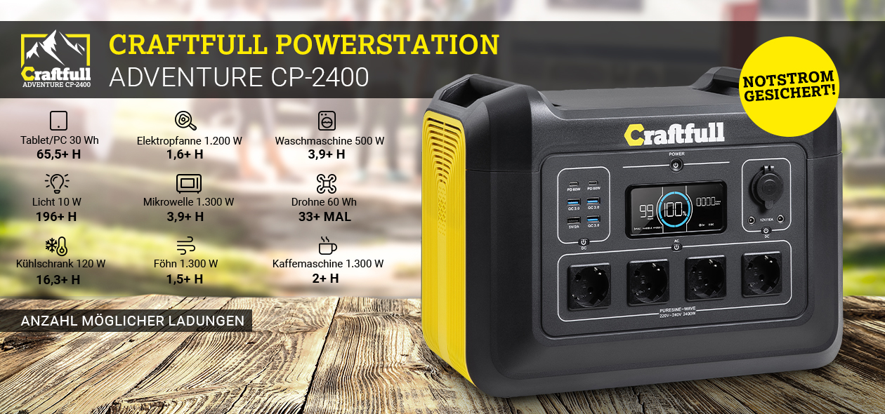 Die Craftfull Powerstation CP-2400 damit Sie ihr gerät immer Laden können Die Craftfull Powerstation CP-2400 auf einem Holztisch mit der Anzahl möglicher Ladungen