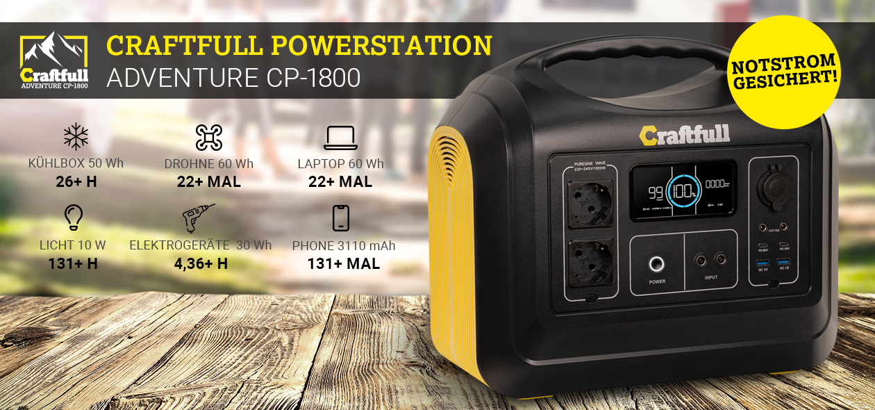 Craftfull Powerstation Adventure CP-1800 Die Craftfull Powerstation Adventure CP-1800 als Notstrom für Kühlbox, Laptop, Licht und Co.