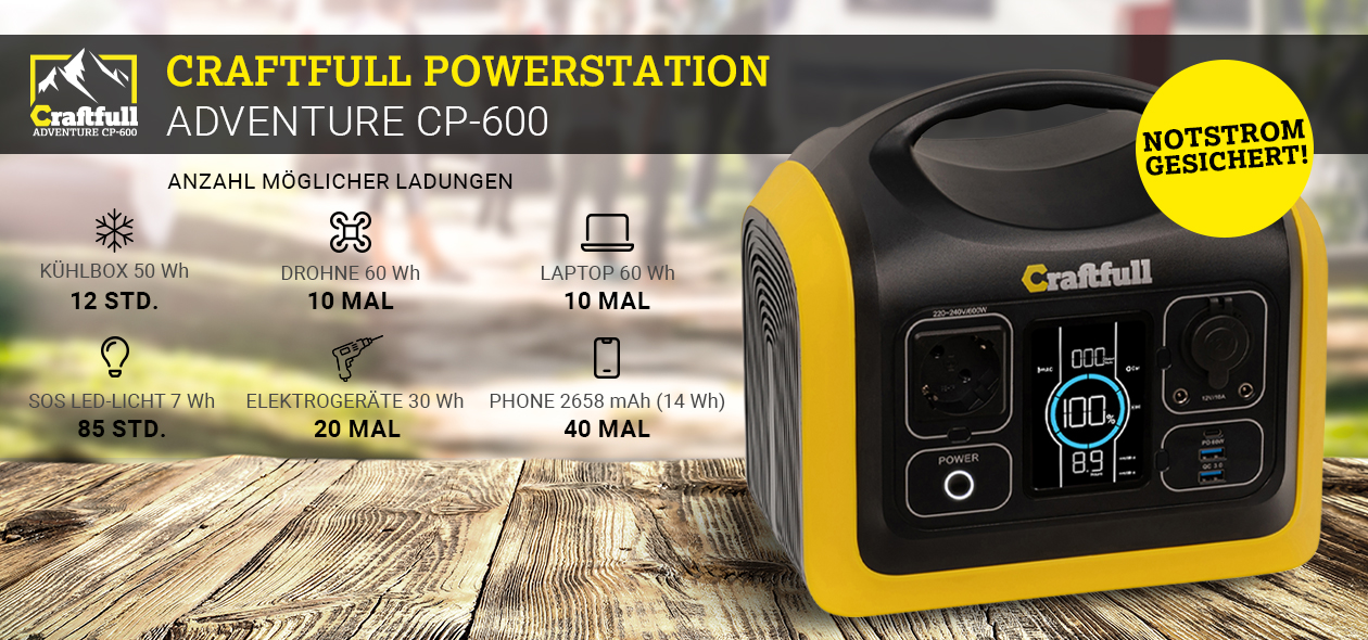 Die Craftfull Powerstation Adventure CP-600 als Notstrom für Kühlbox, Laptop, Licht und Co.