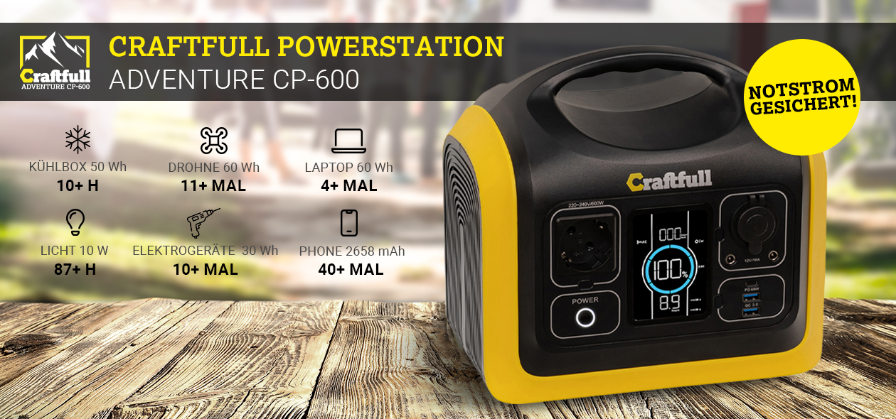Craftfull Powerstation Adventure CP-600 Die Craftfull Powerstation Adventure CP-600 als Notstrom für Kühlbox, Laptop, Licht und Co.