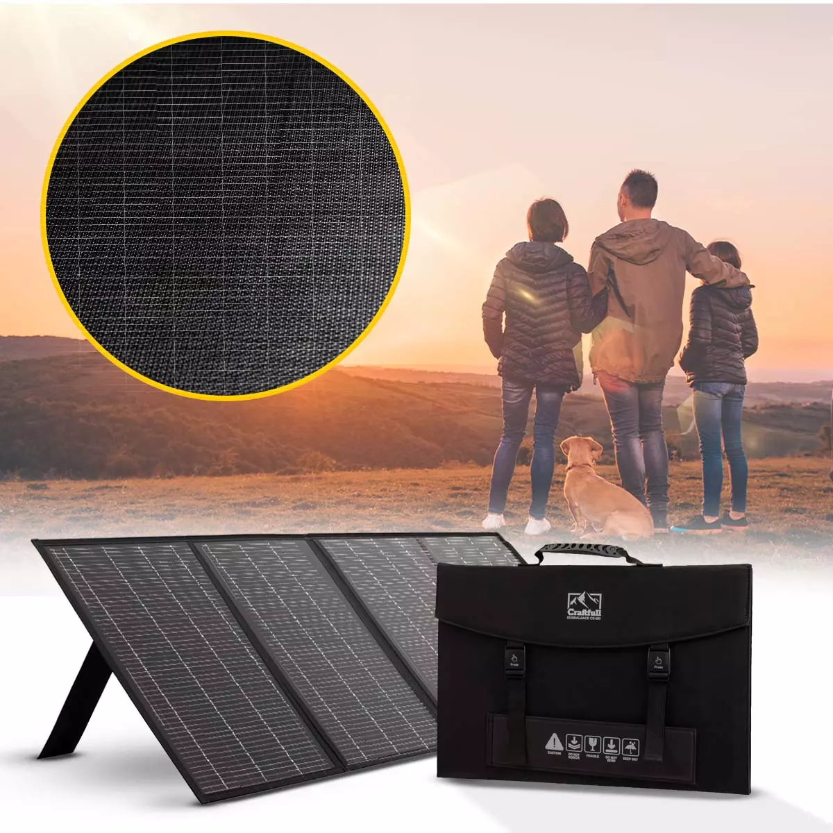 Das Solarmodul steht auf einer Wiese neben einer Familie