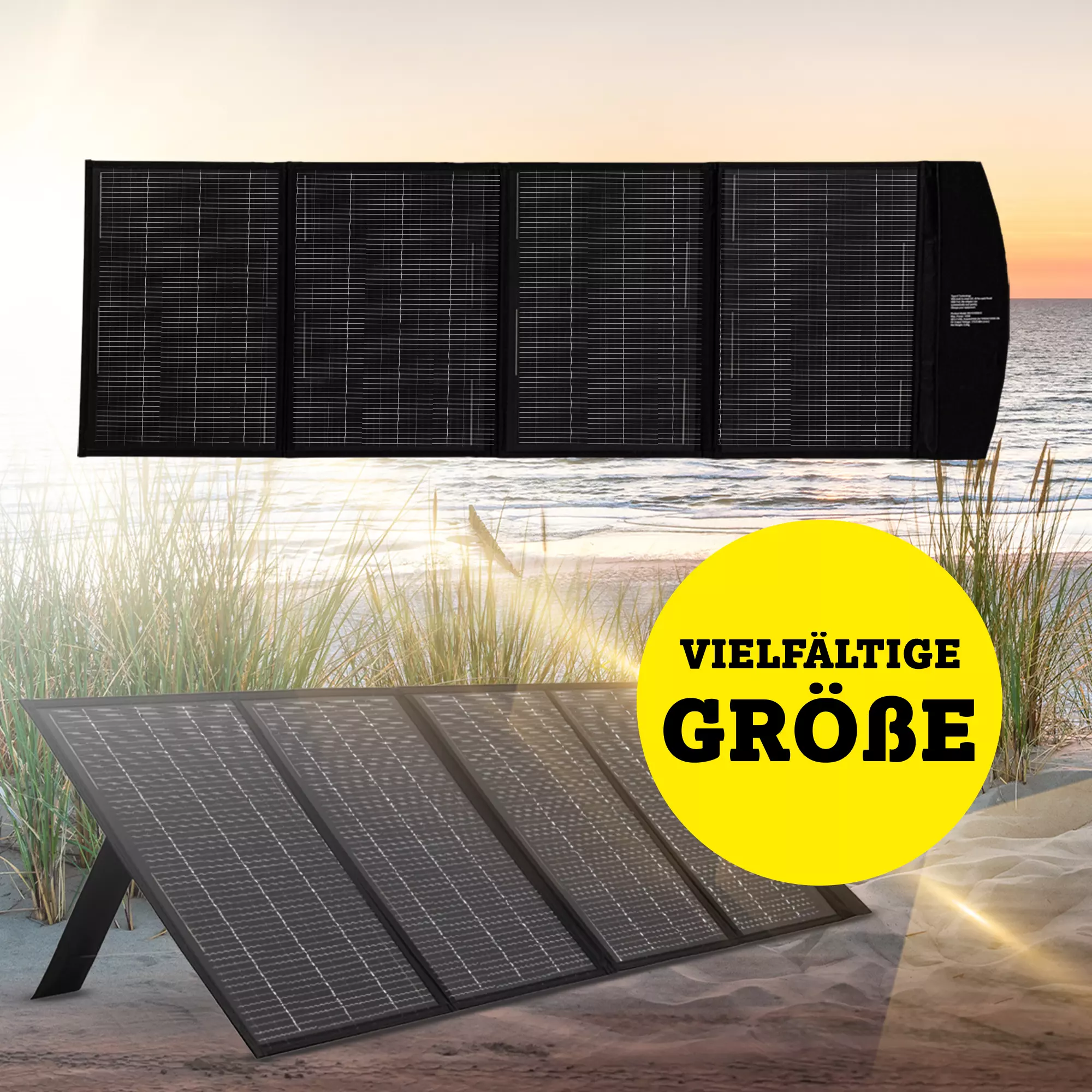 Die Craftfull Solartasche Sunbalance aufgefaltet am Strand