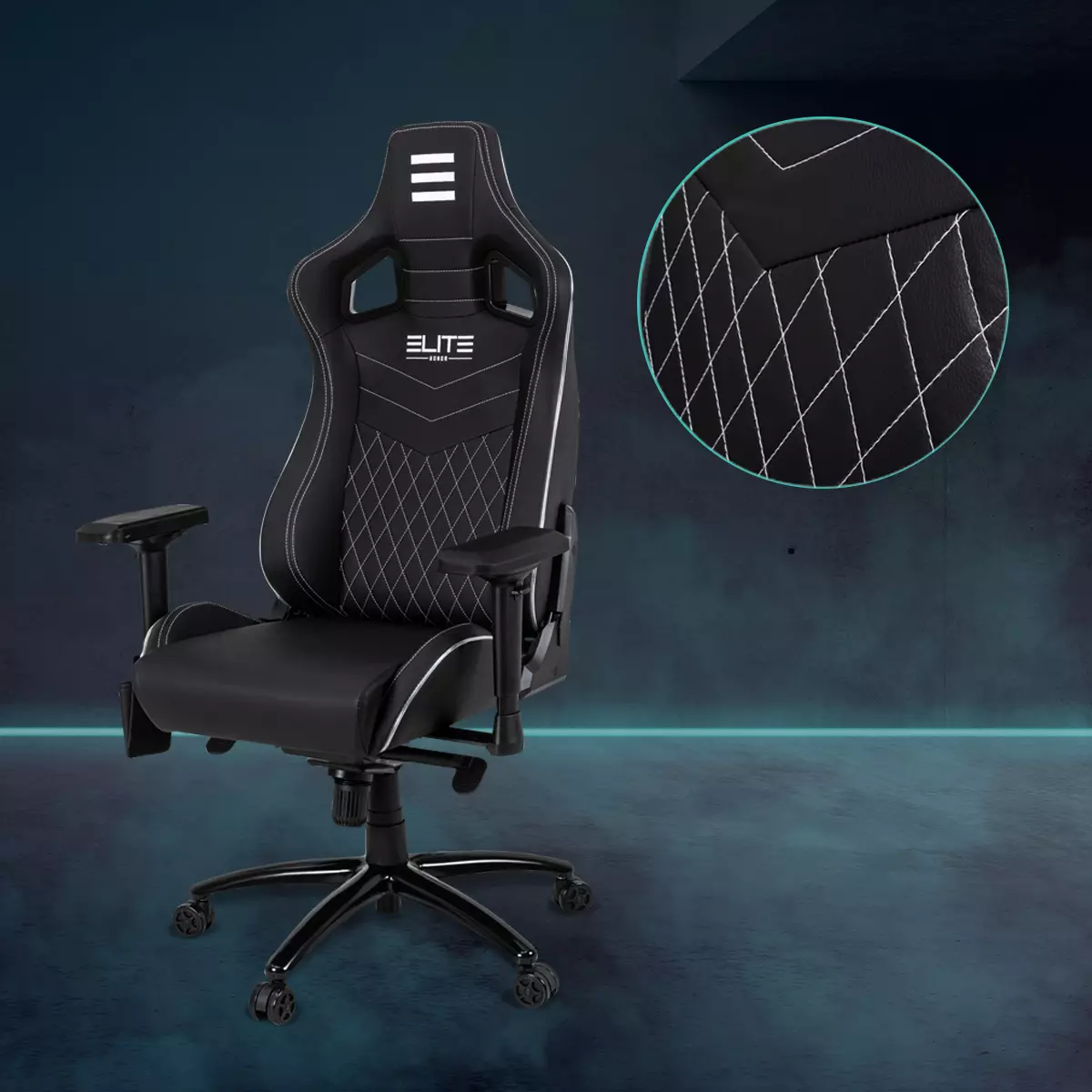 Abgestepptes Kunstleder in Weiß oder Schwarz Elite Gaming-Stuhl Honor in Schwarz mit weißen Details auf dem Kunstleder