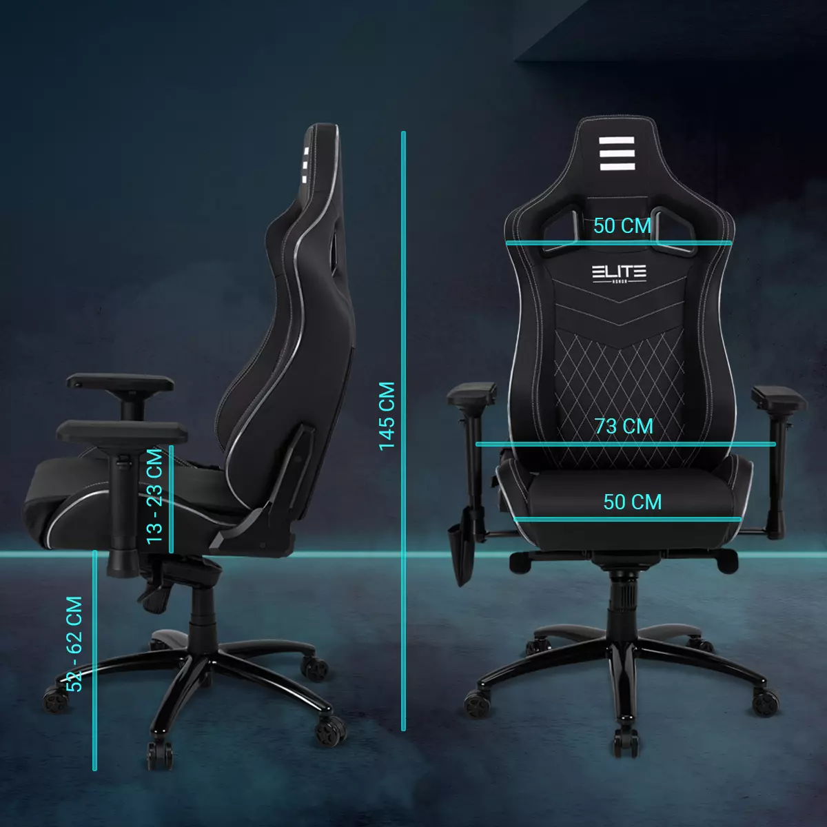 Sitzhöhe individuell verstellen Zwei Elite Gaming-Stühle Honor mit Maßen, einer von der Seite, einer von vorne