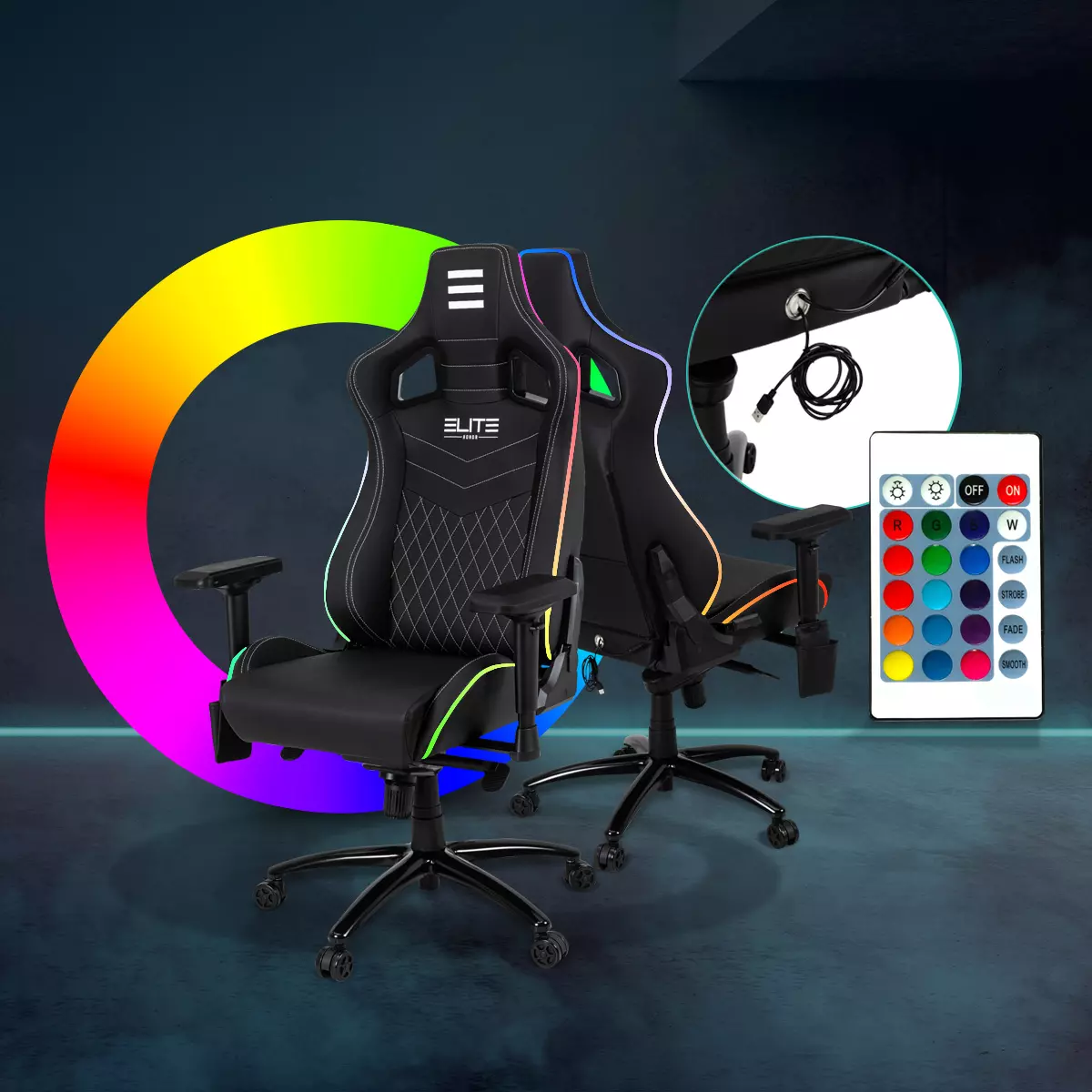 Gaming-Stuhl mit RGB-Beleuchtung Zwei Gaming-Stühle aneinander gelehnt, RGB-Farbkreis im Hintergrund und Fernbedienung
