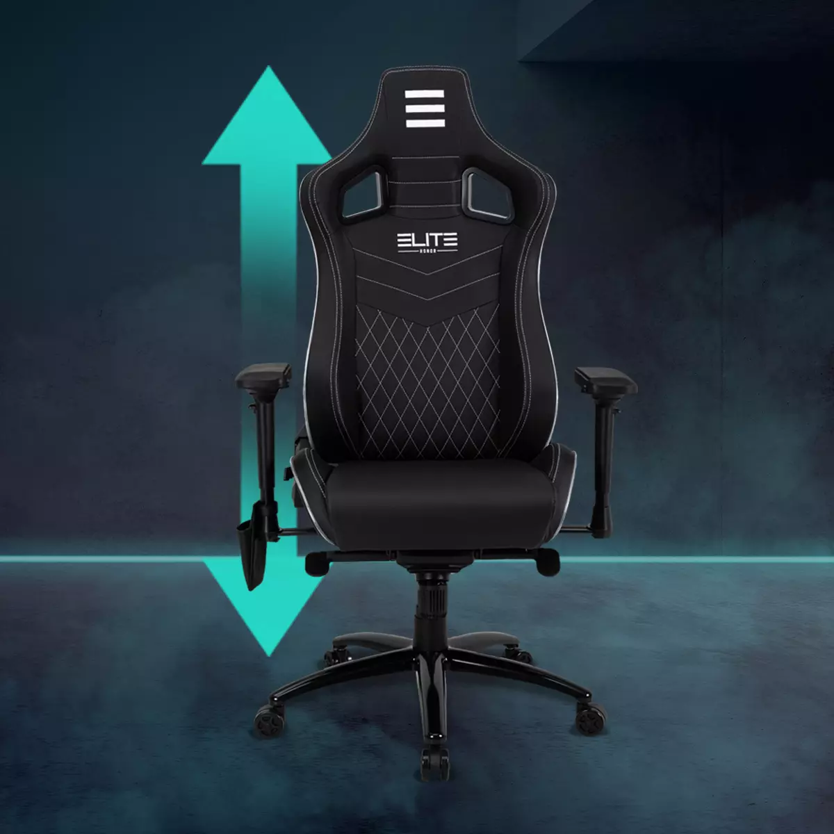 Dank hochwertigem PVC-Memory-Schaum Elite Gaming-Stuhl Honor von vorne mit verstellbarer Sitzhöhe vor dunklem Hintergrund