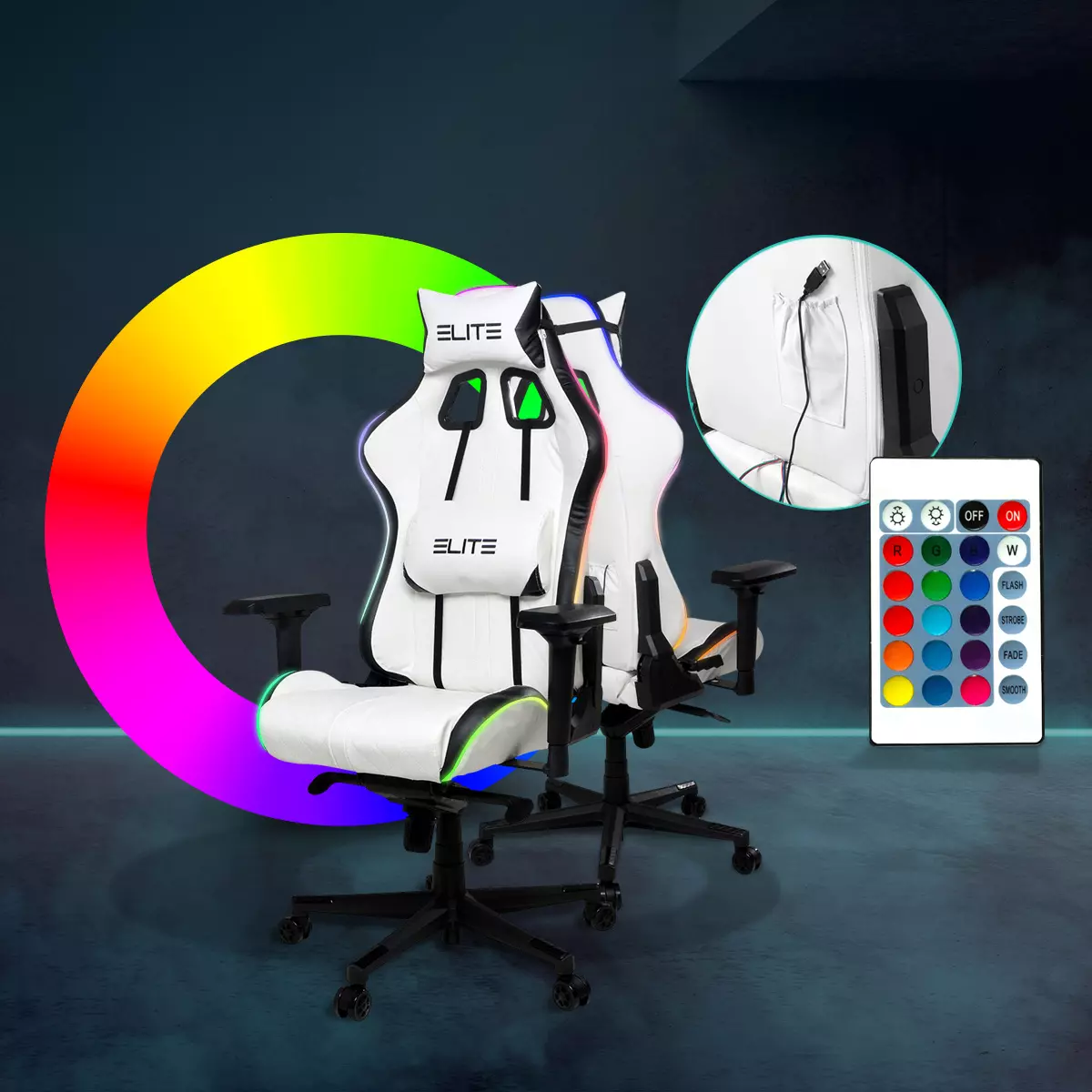 Integrierte LED-Beleuchtung Elite Gaming-Stuhl Respawn in Weiß/Schwarz mit Fernbedienung und Beleuchtung