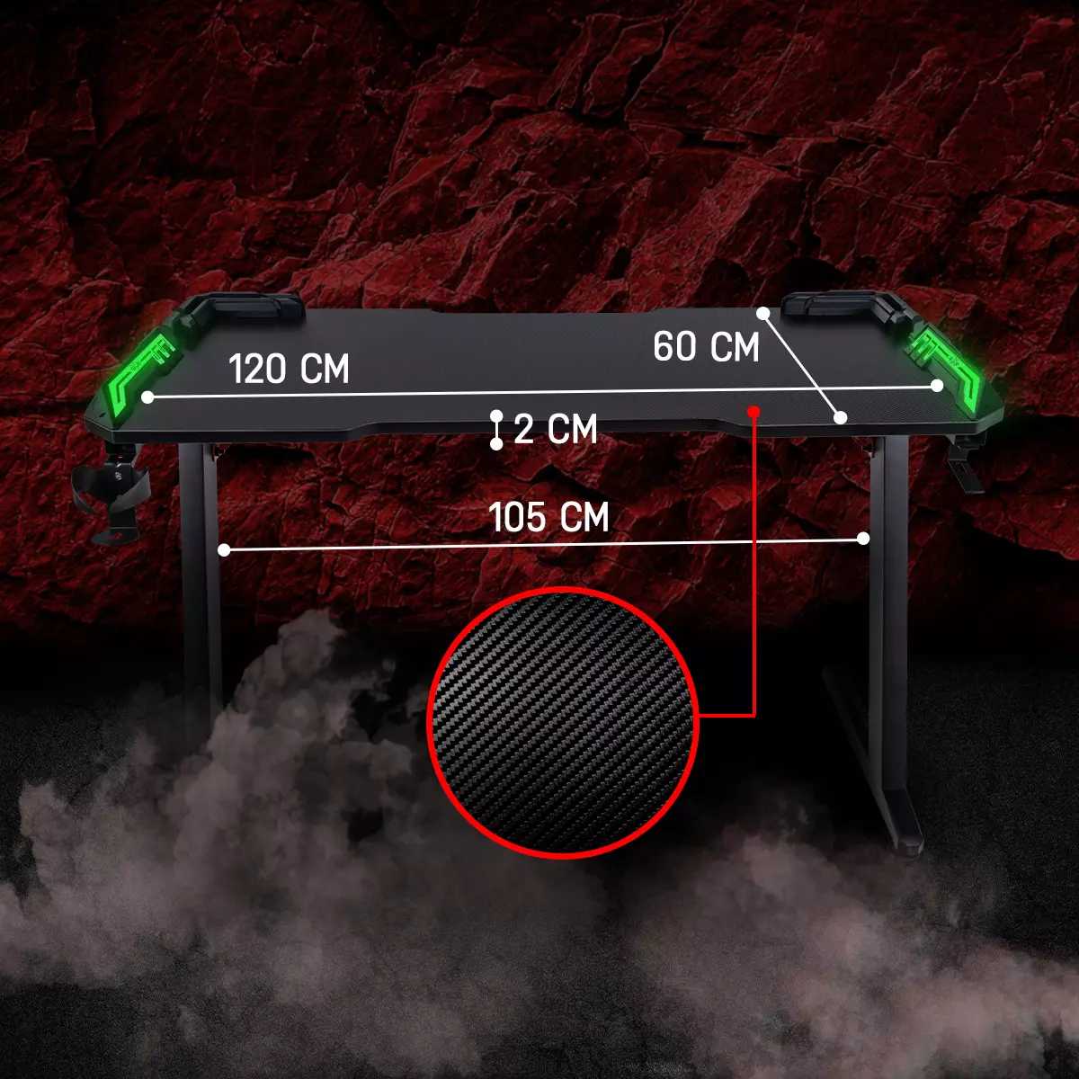 Die Tischplatte des Gaming-Tischs mit Maßen von 120 x 60 x 2 cm und Carbon-Optik