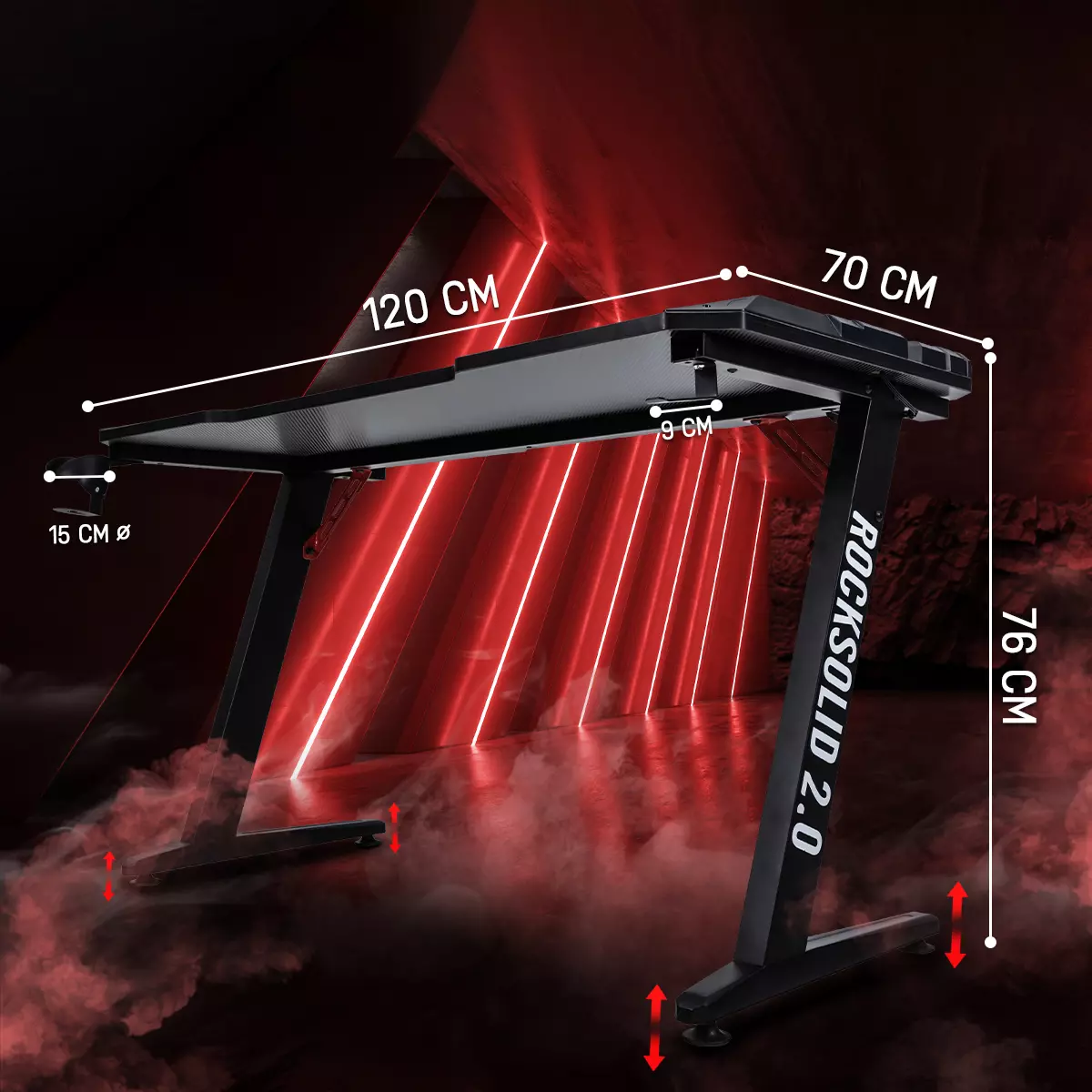 Stbile Z-Beine und verstellbare Standfüße Elite Gaming-Tisch Rocksolid 2.0 mit Maßen von 120 x 70 x 76 cm und anpassbaren Füßen