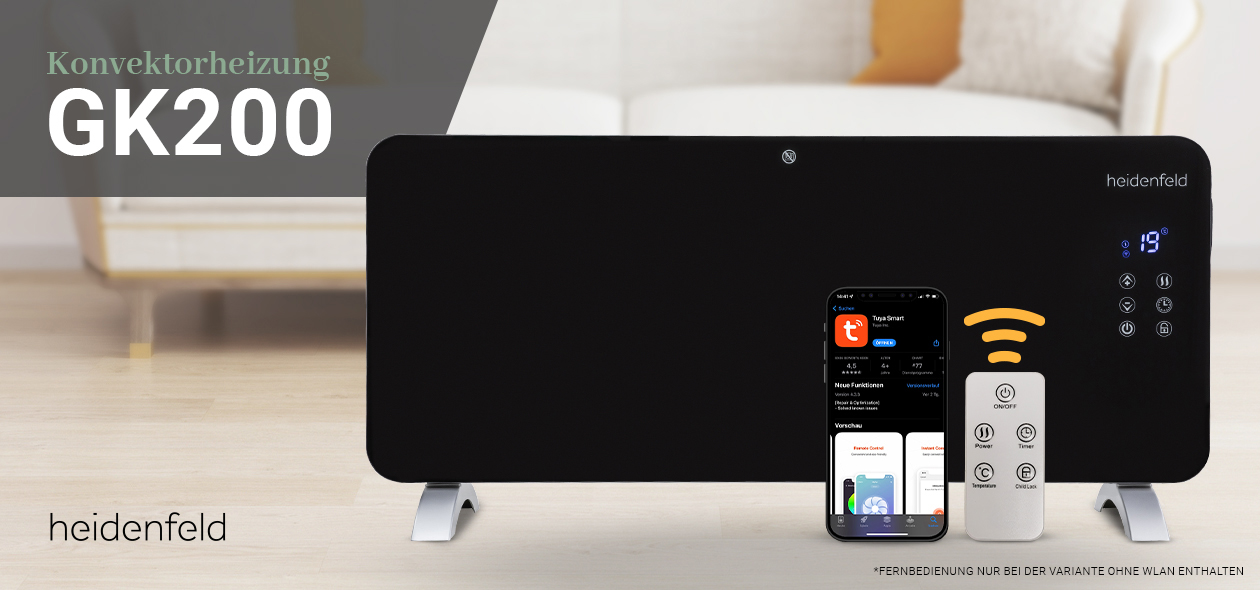 Schwarze Heidenfeld Glas-Konvektorheizung GK200 auf hellem Wohnzimmerboden