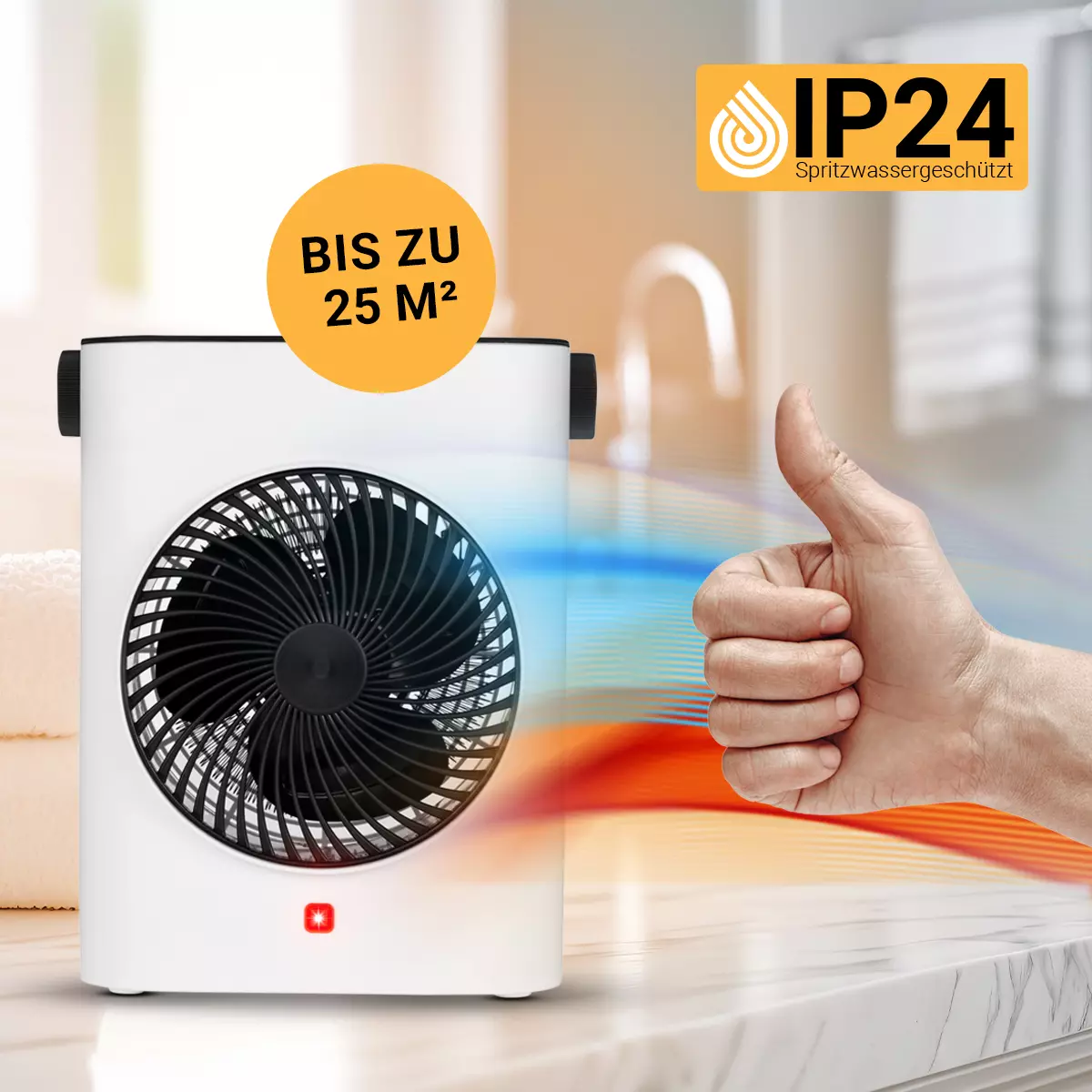 Dzięki ochronie IP24 termowentylator elektryczny idealnie nadaje się również do łazienki