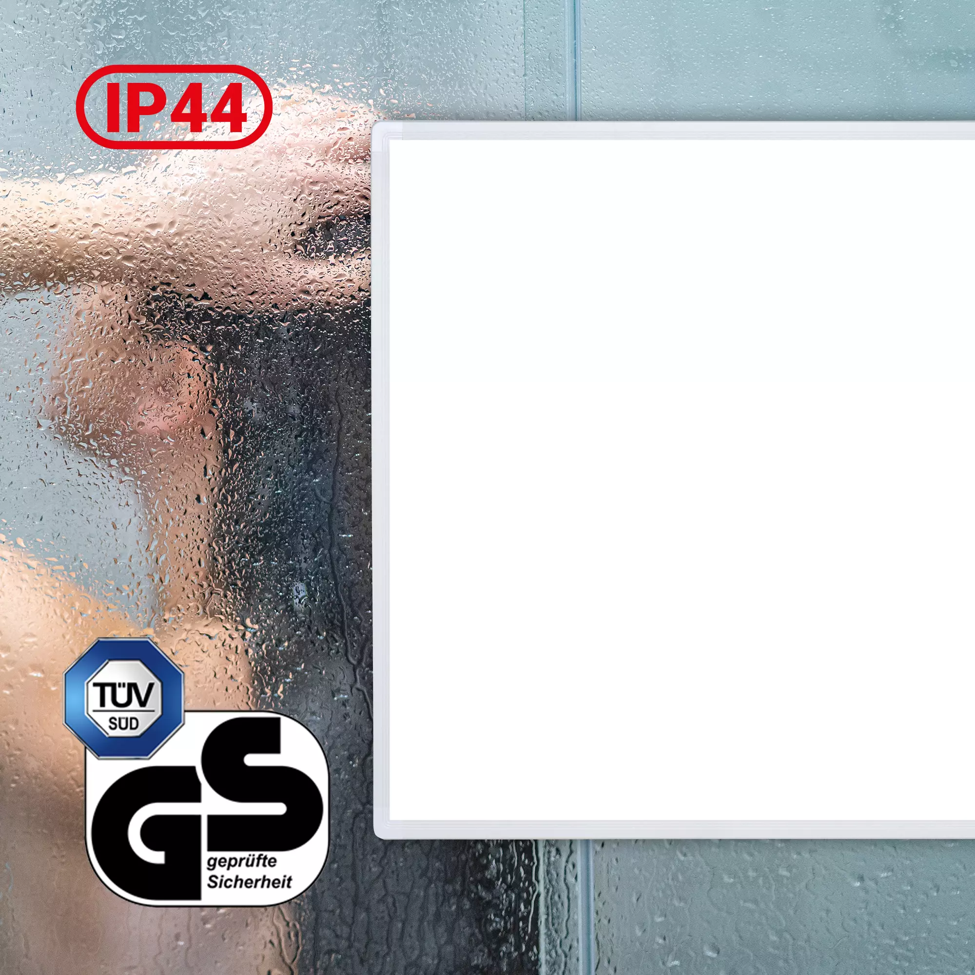 Zweifacher Überhitzungsschutz Spritzwassergeschützte Infrarotheizung im Bad neben der laufenden Dusche
