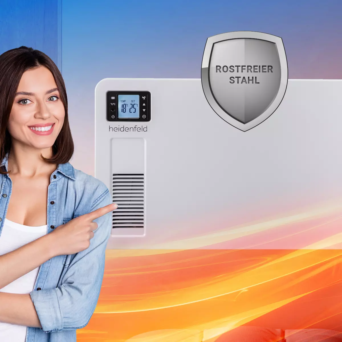 Frau deutet mit dem Zeigefinger auf die an der Wand befestigte Elektroheizung