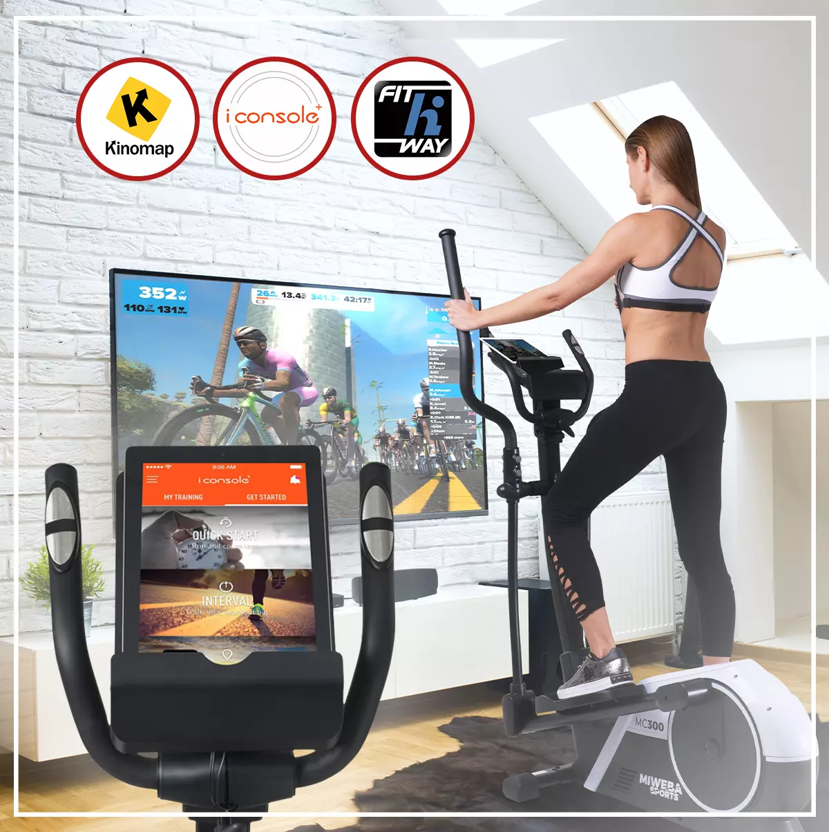 Frau trainiert auf dem Fitnessgerät und schaut dank App virtuelles Rennen auf dem TV