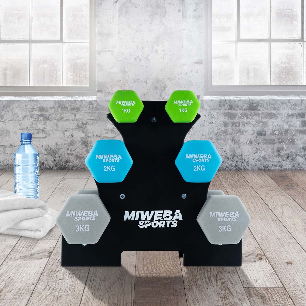 Miweba Sports Gymnastikhantel-Set NKH120 in Grün, Blau und Grau im Hantelständer