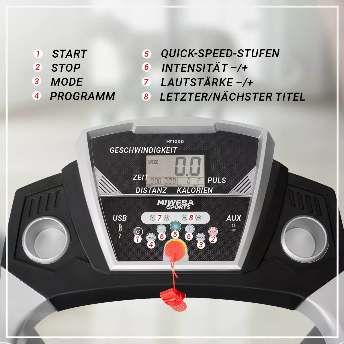 Das Display des Miweba Sports Laufbands Home Track HT1000F mit vielen Funktionen