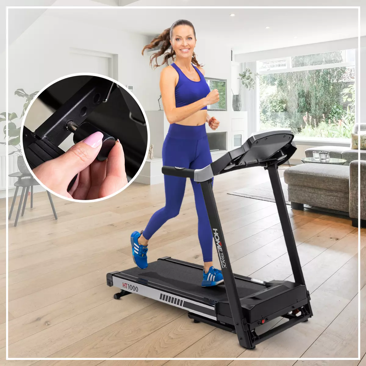 Laufband mit Steigung für intensives Training Kate Hall trainiert lächelnd auf dem Miweba Sports Laufband Home Track HT1000F