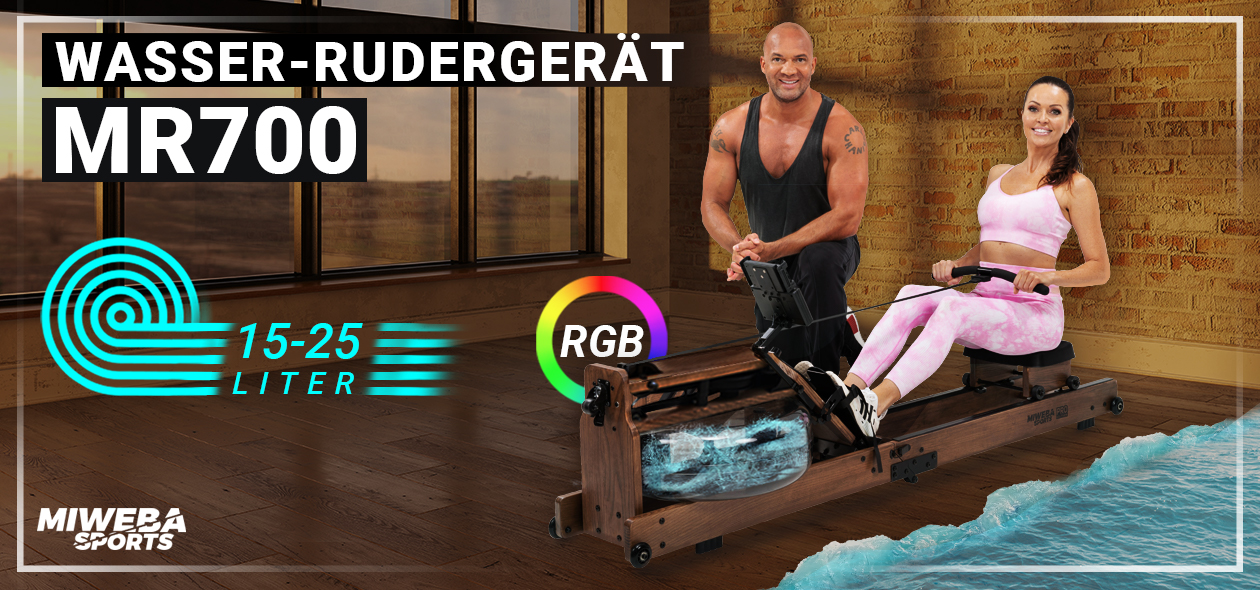 Miweba Sports Wasser-Rudergerät MR700 Kate Hall auf dem Miweba Sports Wasser-Rudergerät MR700, Detflef D! Soost kniet daneben