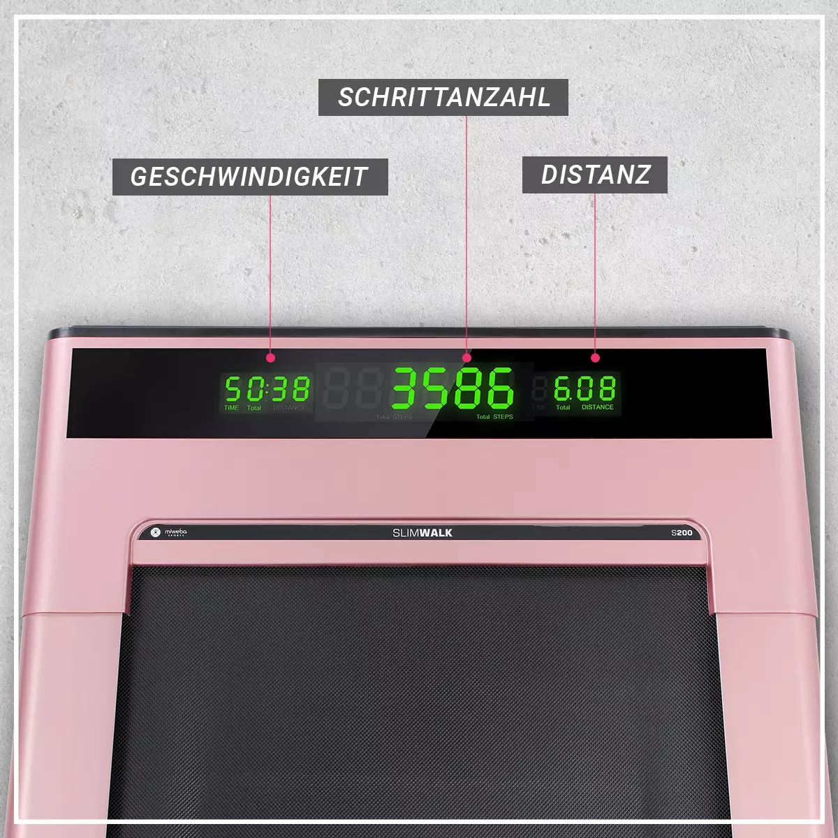 Übersichtliches LCD-Display Die Funktionen des Laufbands wie Geschwindigkeit, Schrittanzahl und Distanz