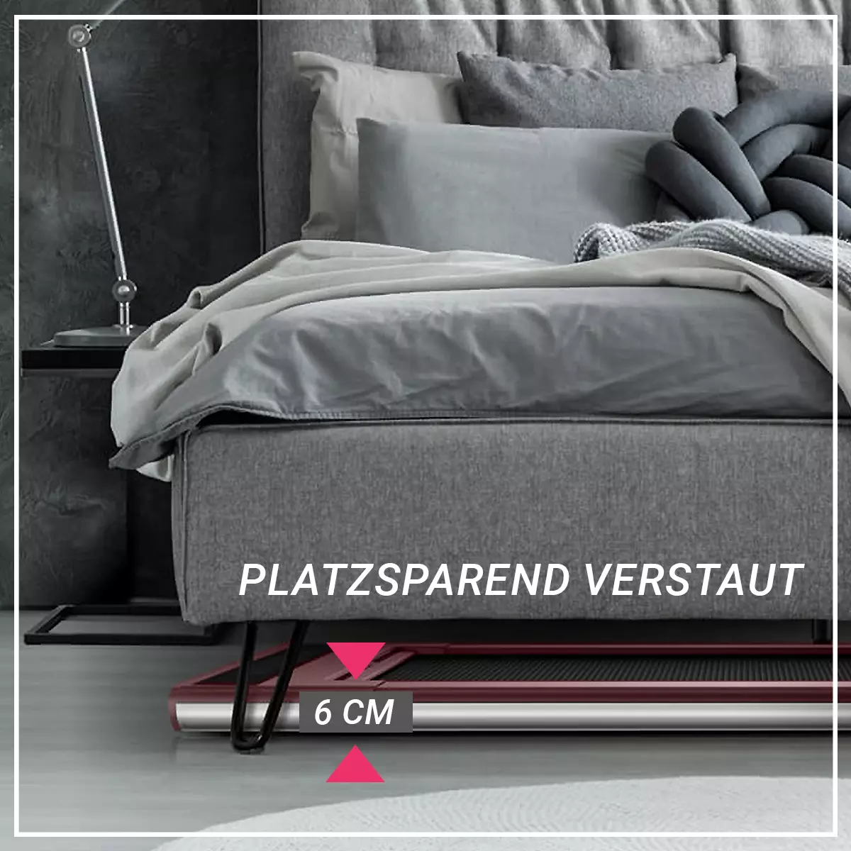 Ultraflaches und klappbares Laufband Miweba Sports Laufband SlimWalk S200 dank Höhe von nur 6 cm unter dem Bett verstaut