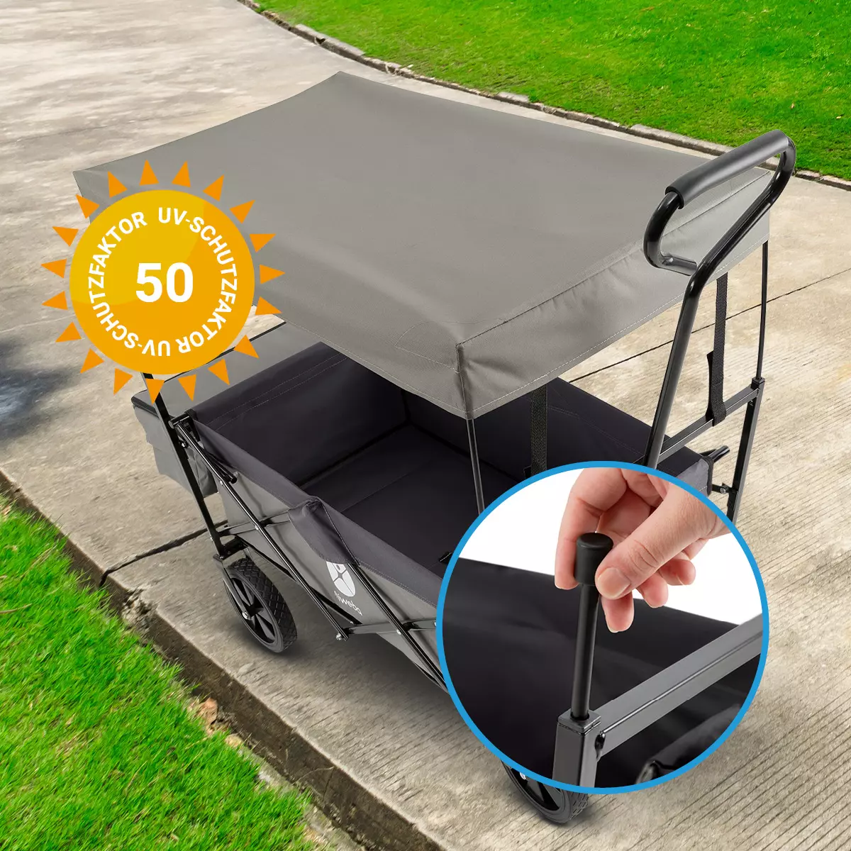 Wózek ręczny z daszkiem przeciwsłonecznym o współczynniku ochrony UV 50+ i wysuwanymi słupkami dachowymi