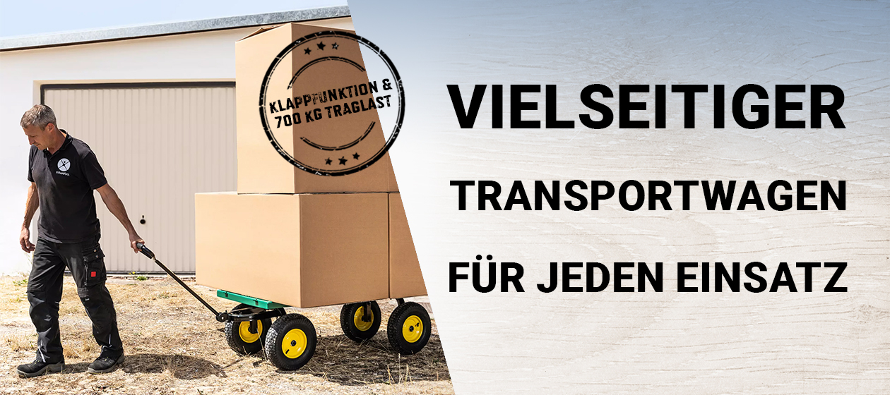 Miweba Bollerwagen MB-700 Ein Mann befördert mit dem Transportwagen große, aufeinandergestapelte Kartons