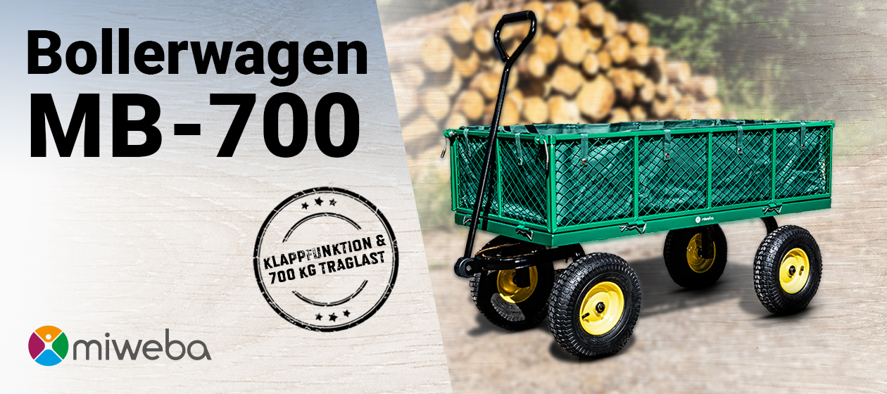 Miweba Bollerwagen MB-700 Der grüne Miweba Bollerwagen MB-700 vor aufgeschichteten Baumstämmen