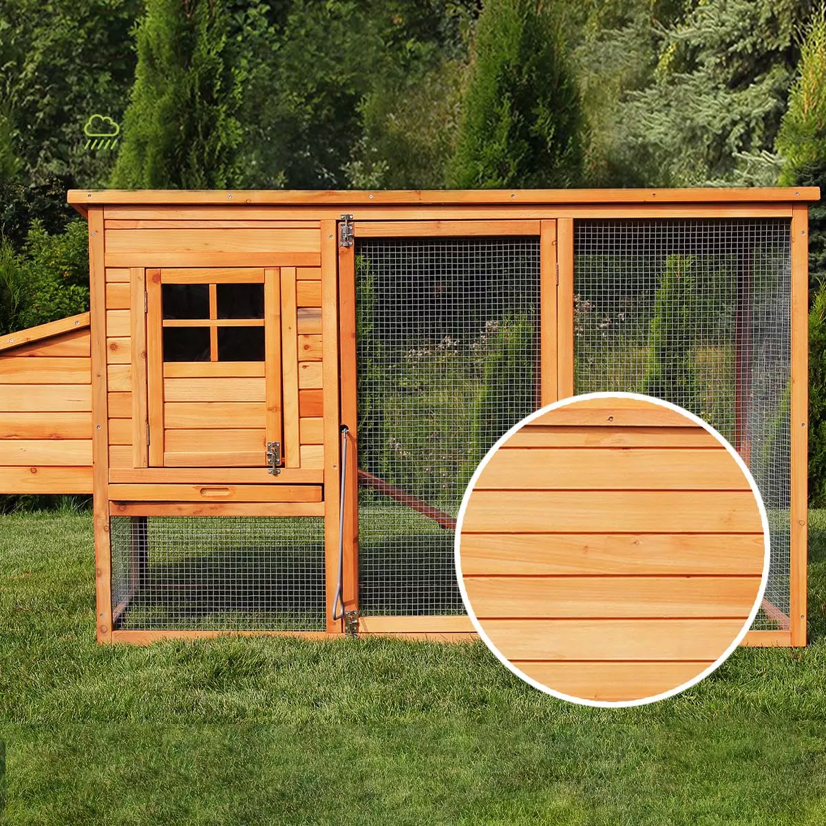 Robust und wetterfest ist der Hühnerstall durch sein ausgewähltes Material MyAnimal Hühnerstall für 4 Hühner MH-04 mit Eiablage