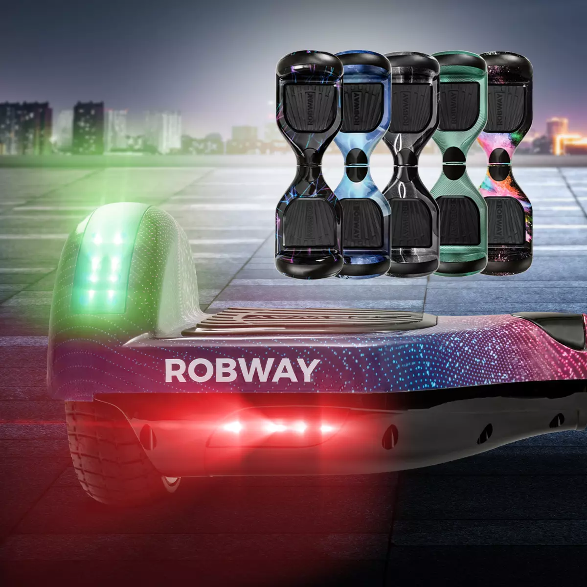 Leuchtendes Robway W1 Hoverboard auf Straße, fünf weitere unterschiedliche Designs des E-Boards