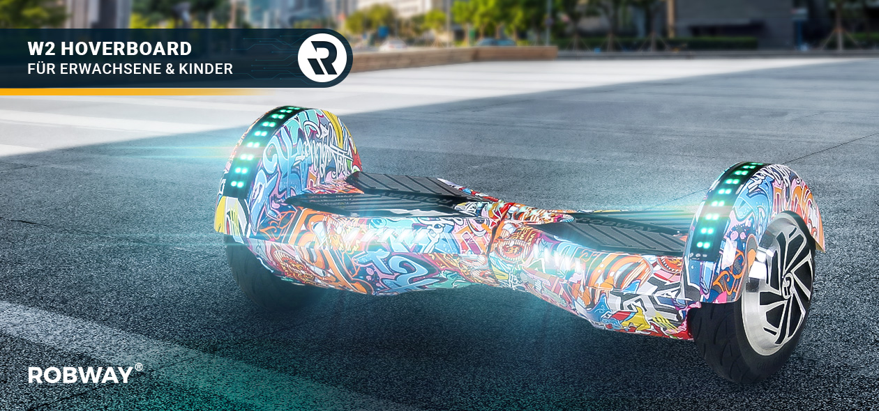 Hell leuchtendes Robway W2 Hoverboard mit buntem Muster auf Straßenasphalt