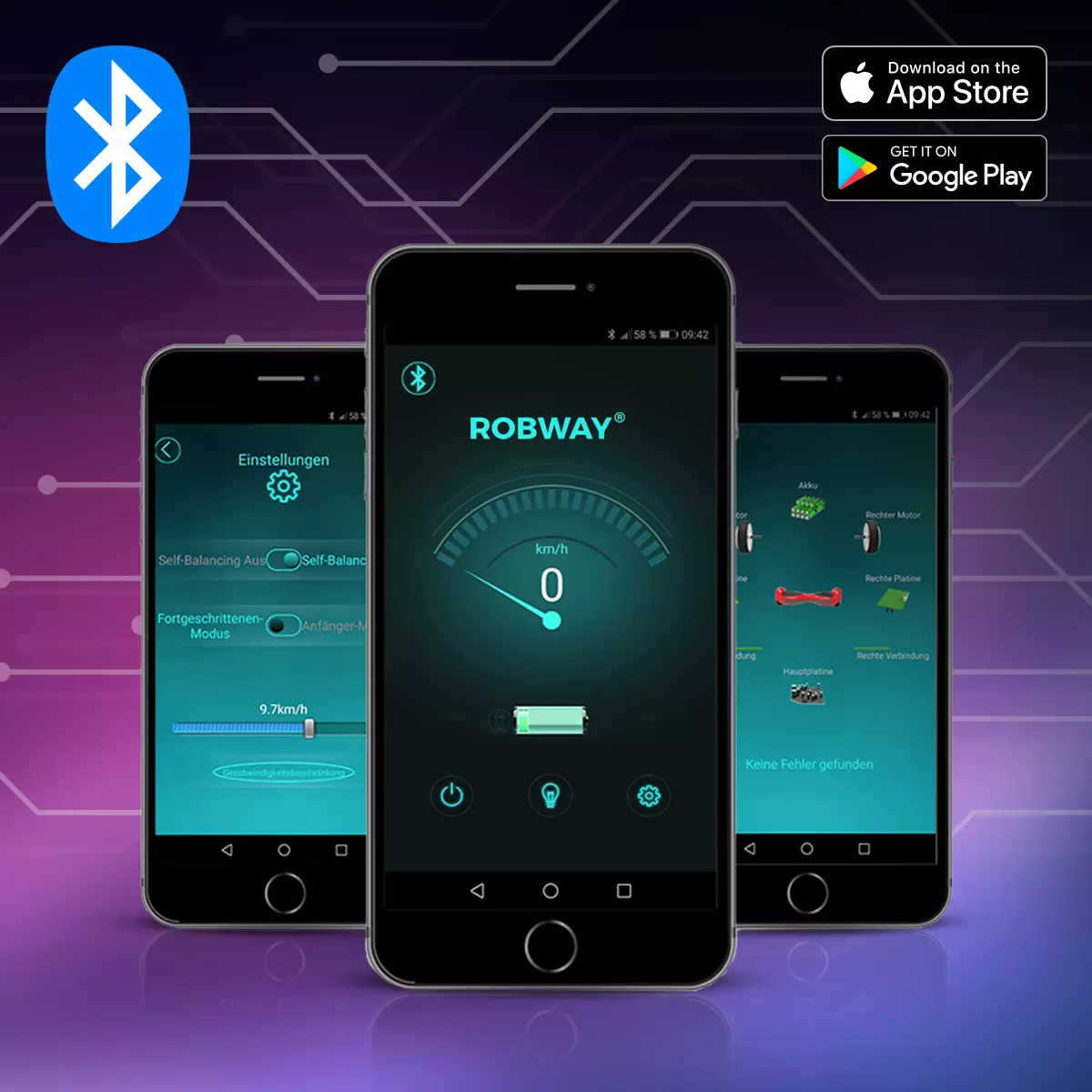 Geöffnete Robway-App auf drei Smartphones mit unterschiedlichen Daten über das Hoverboard