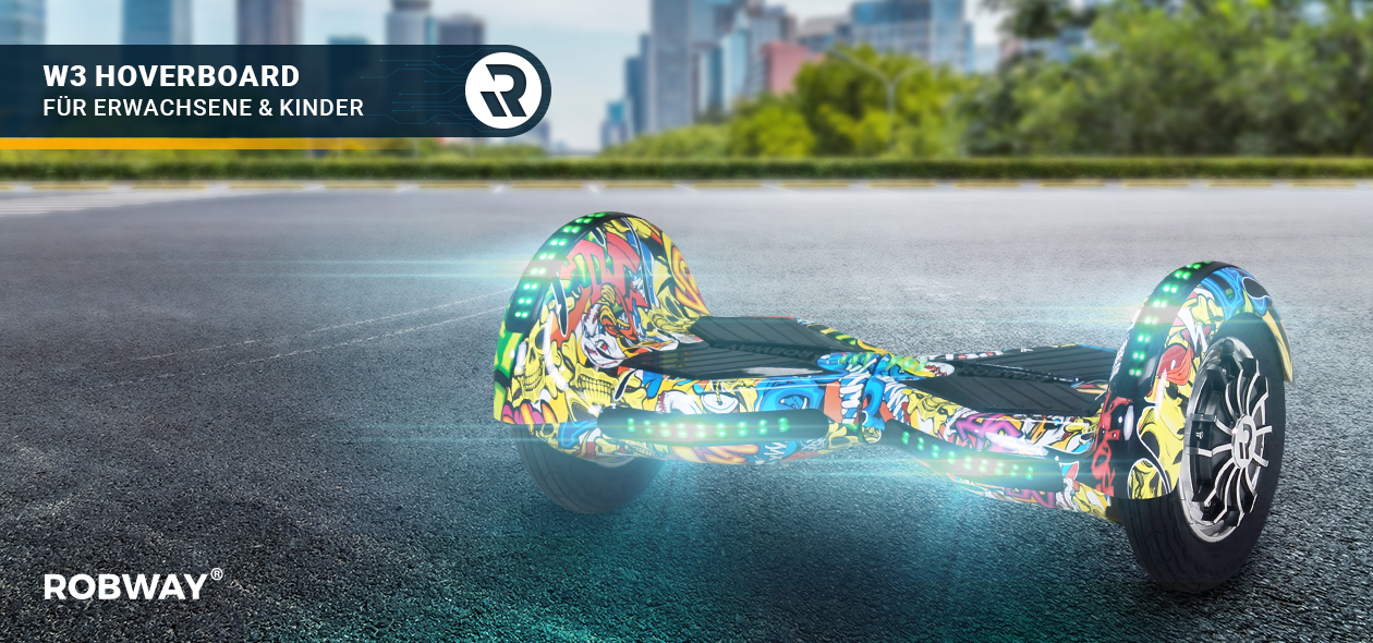 Hell leuchtendes mit buntem Graffiti-Muster versehenes Robway W3 Hoverboard auf Asphalt