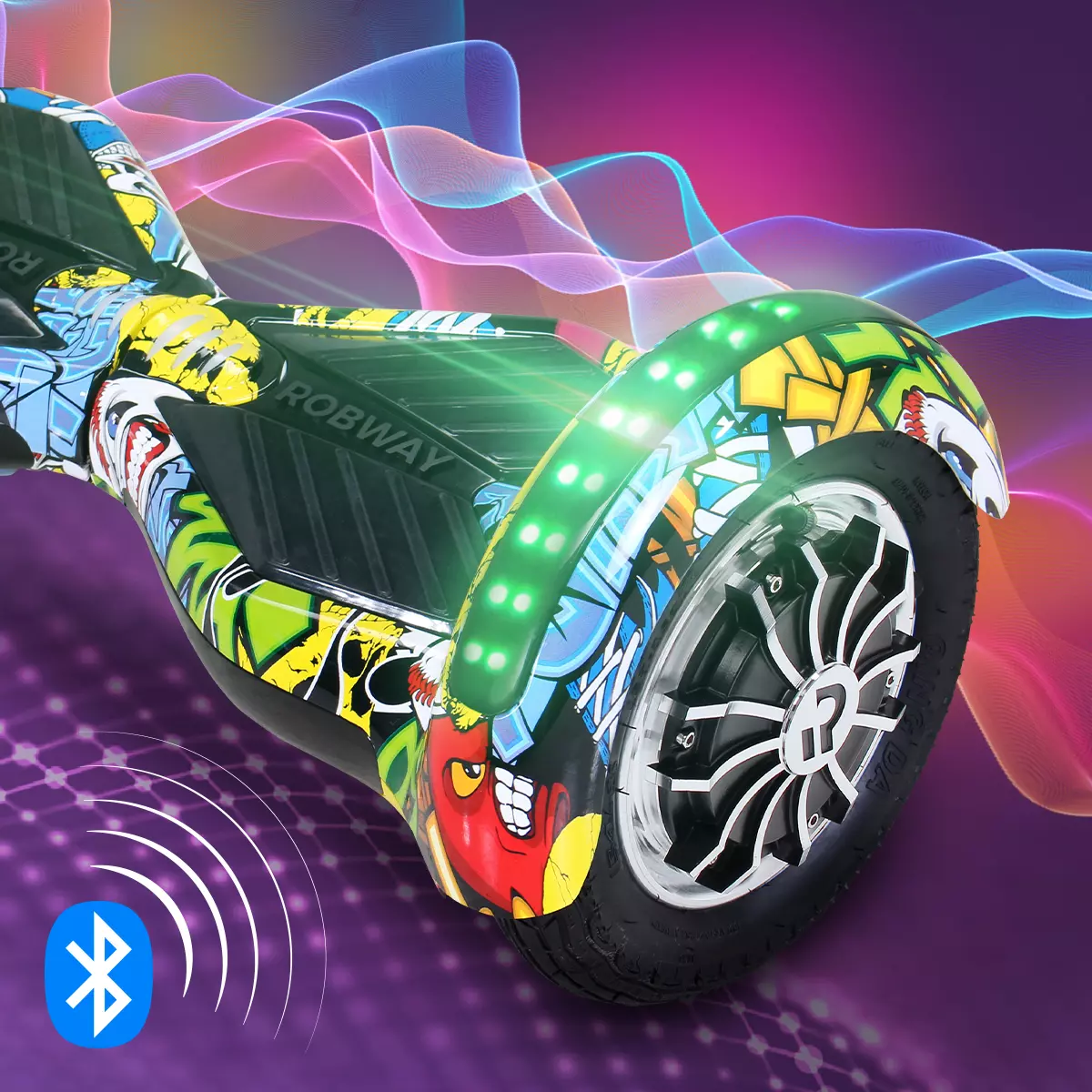 Integrierte Lautsprecher für erstklassigen Sound Leuchtendes und mit bunten Mustern versehenes Rowbay Hoverboard